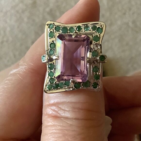 𝅺sterling SILVER 925 AMETHYST/EMERALD WOMAN RING SIZE US 7​​ - Picture 7 of 9